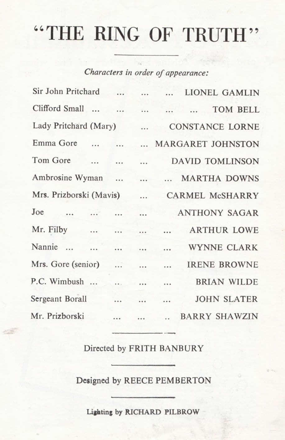 The Ring Of Truth Lionel Gamlin BBC WW2 Comedy Theatre Programme