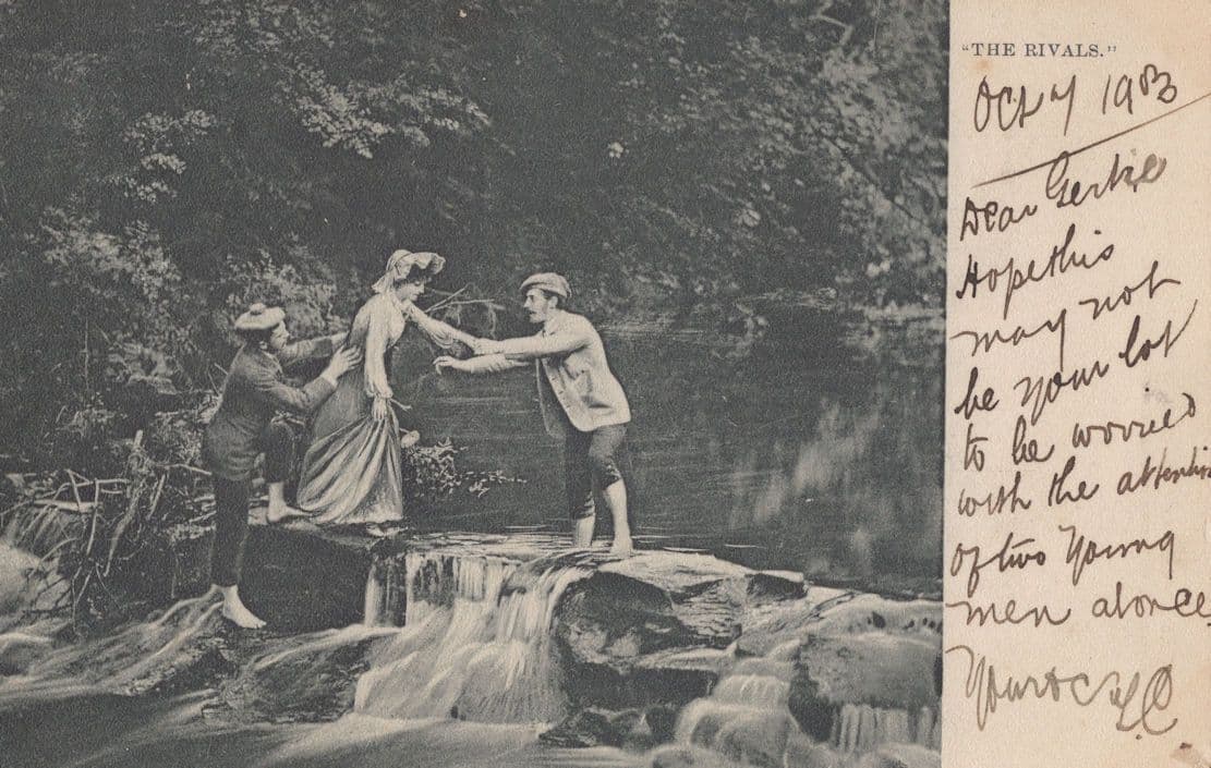 The Rivals Tug Of War With A Lady at River Old Comic Postcard