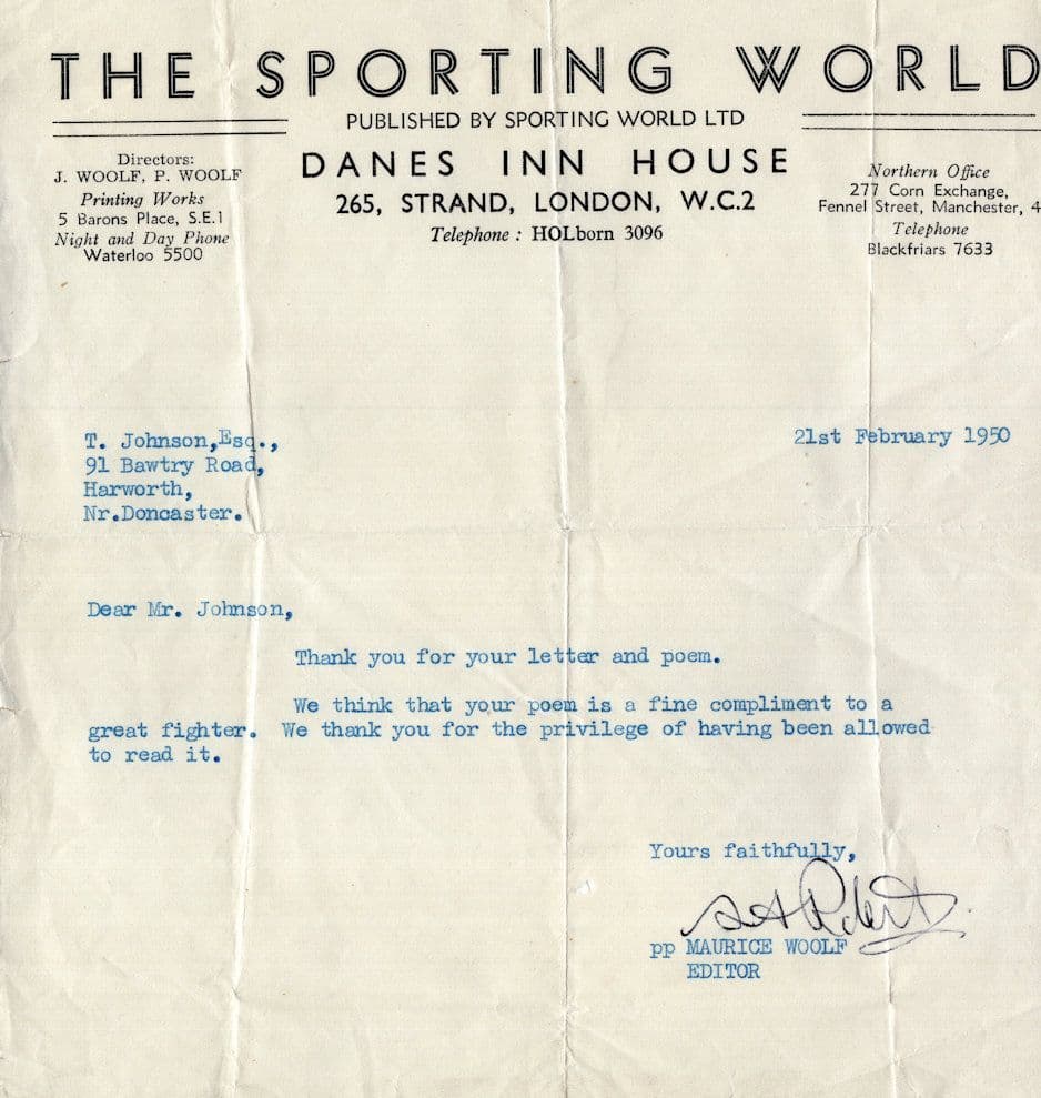 The Sporting World Newspaper 1950 Boxing Editor Old Hand Signed Letter