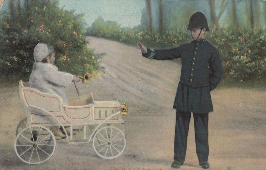 The Strong Arm Of The Law Policeman Stops Child Driver Old Postcard