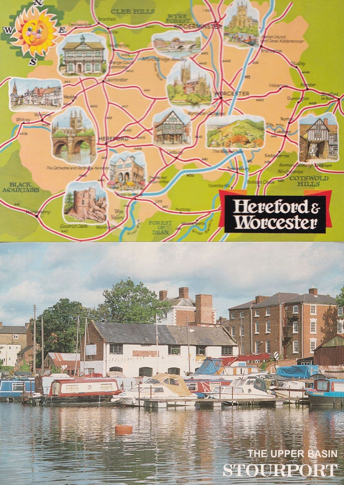 The Upper Basin Stourport & Worcester Map 2x Postcard s