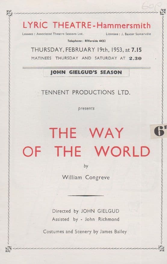The Way Of The World Paul Scofield John Gielgud Drama Hammersmith Theatre Programme
