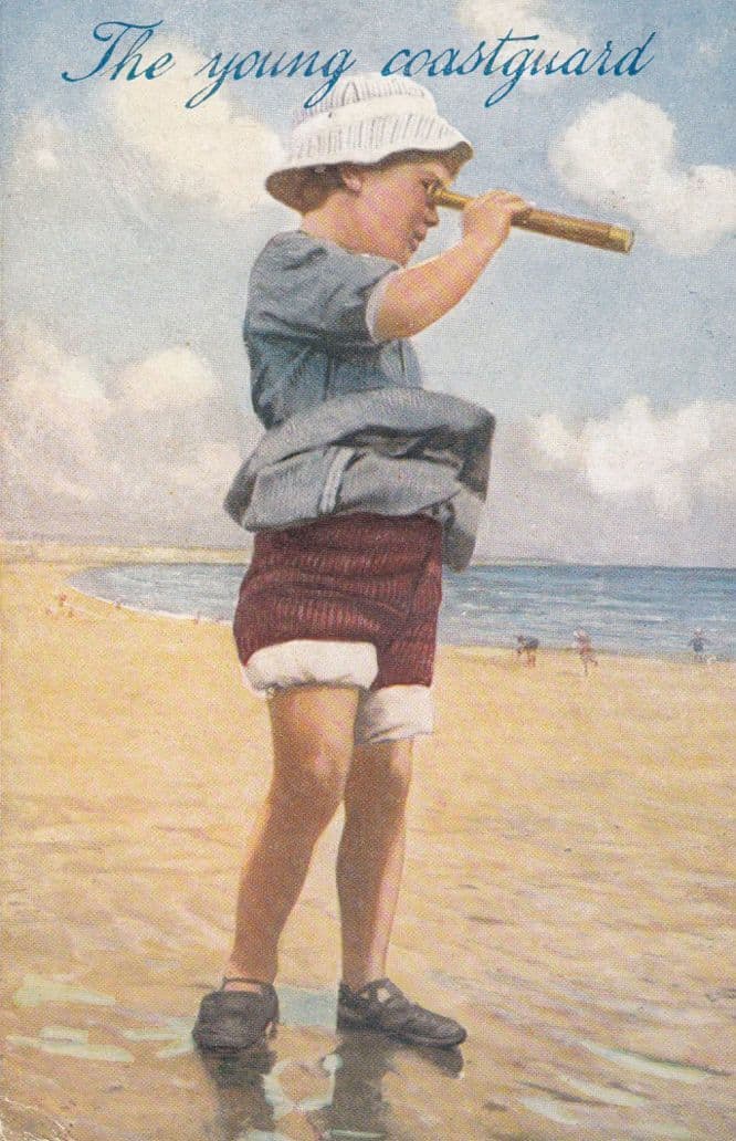The Young Coastguard Antique Boy Beach Warden With Odd Telescope Comic Postcard