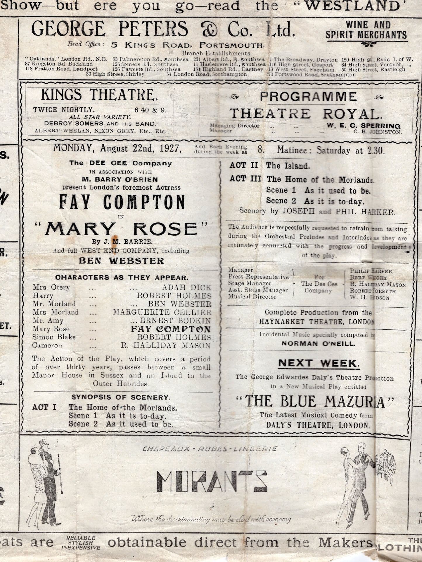Theatre Royal Portsmouth Fay Compton Mary Rose 1927 Programme