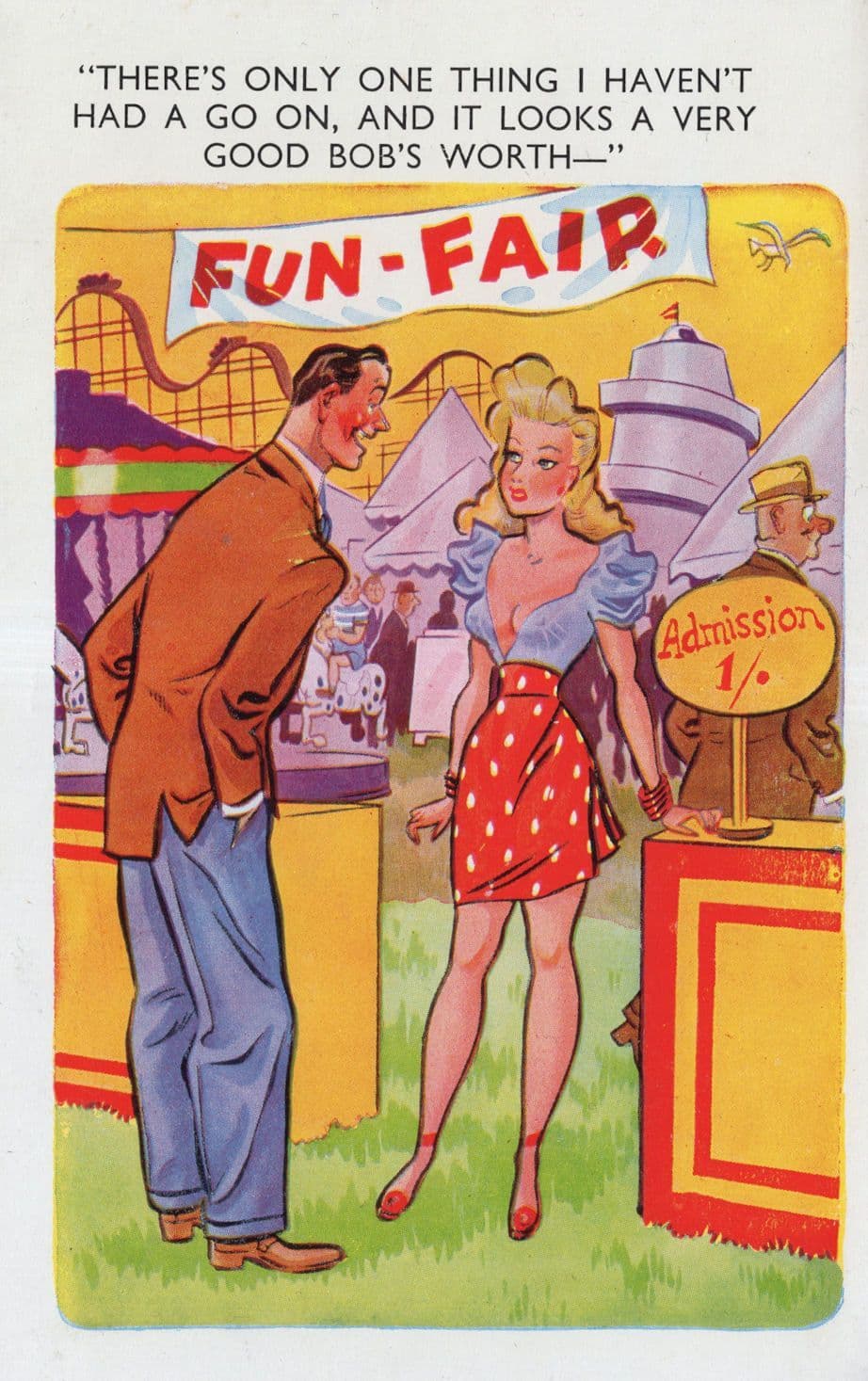 Theme Park Fun Fair Ride Big Dipper Admission Gate Comic Postcard