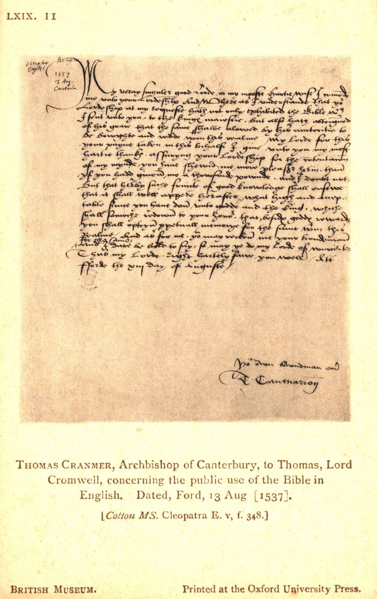 Thomas Cranmer To Lord Cromwell Bible 1537 Letter Old Postcard