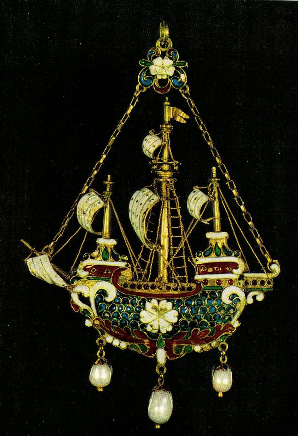 Three Masted Ship Medieval Pendant Gold Enamelled Pearls Postcard