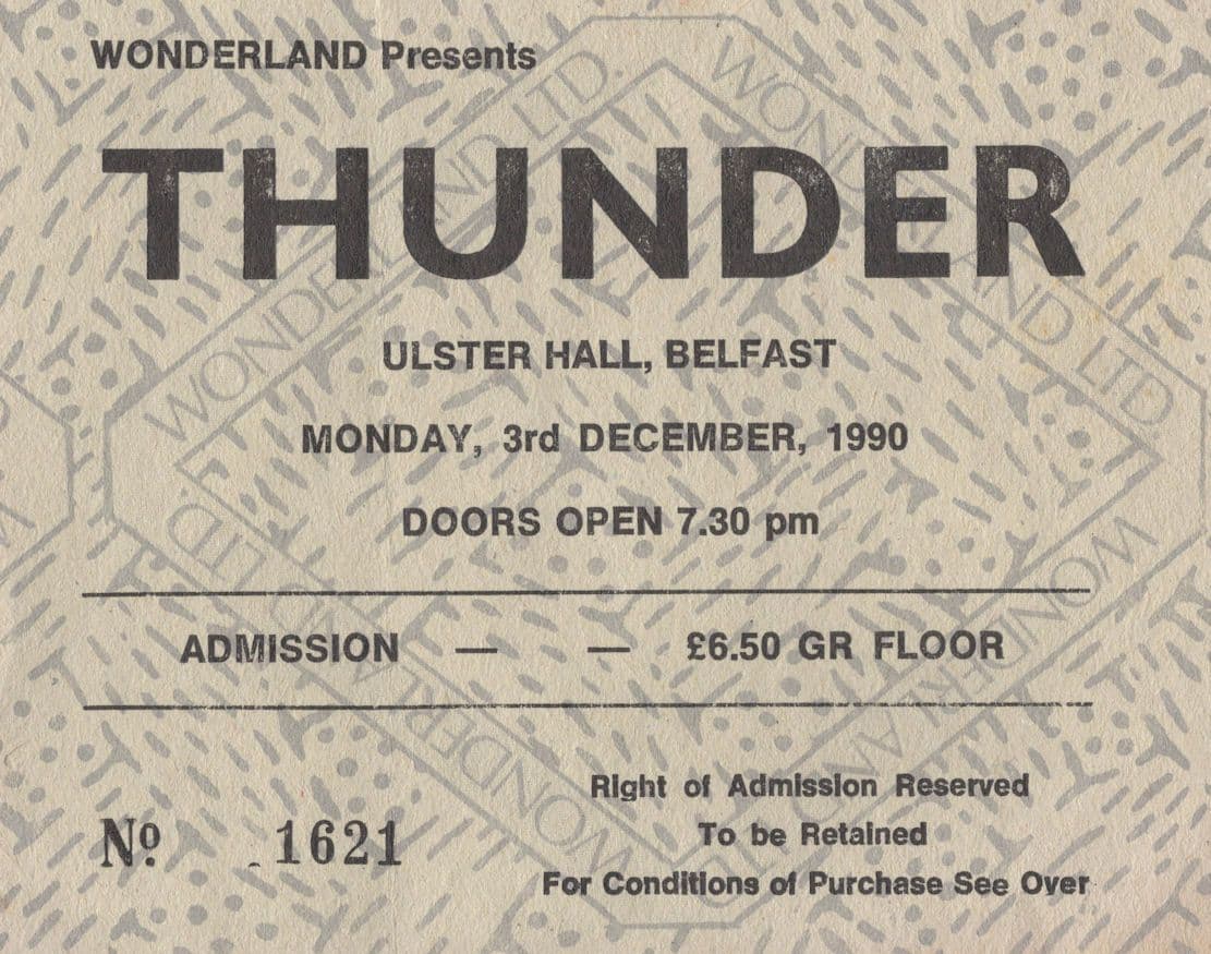 Thunder Ulster Hall Belfast Irish 1990 Heavy Metal Concert Ticket