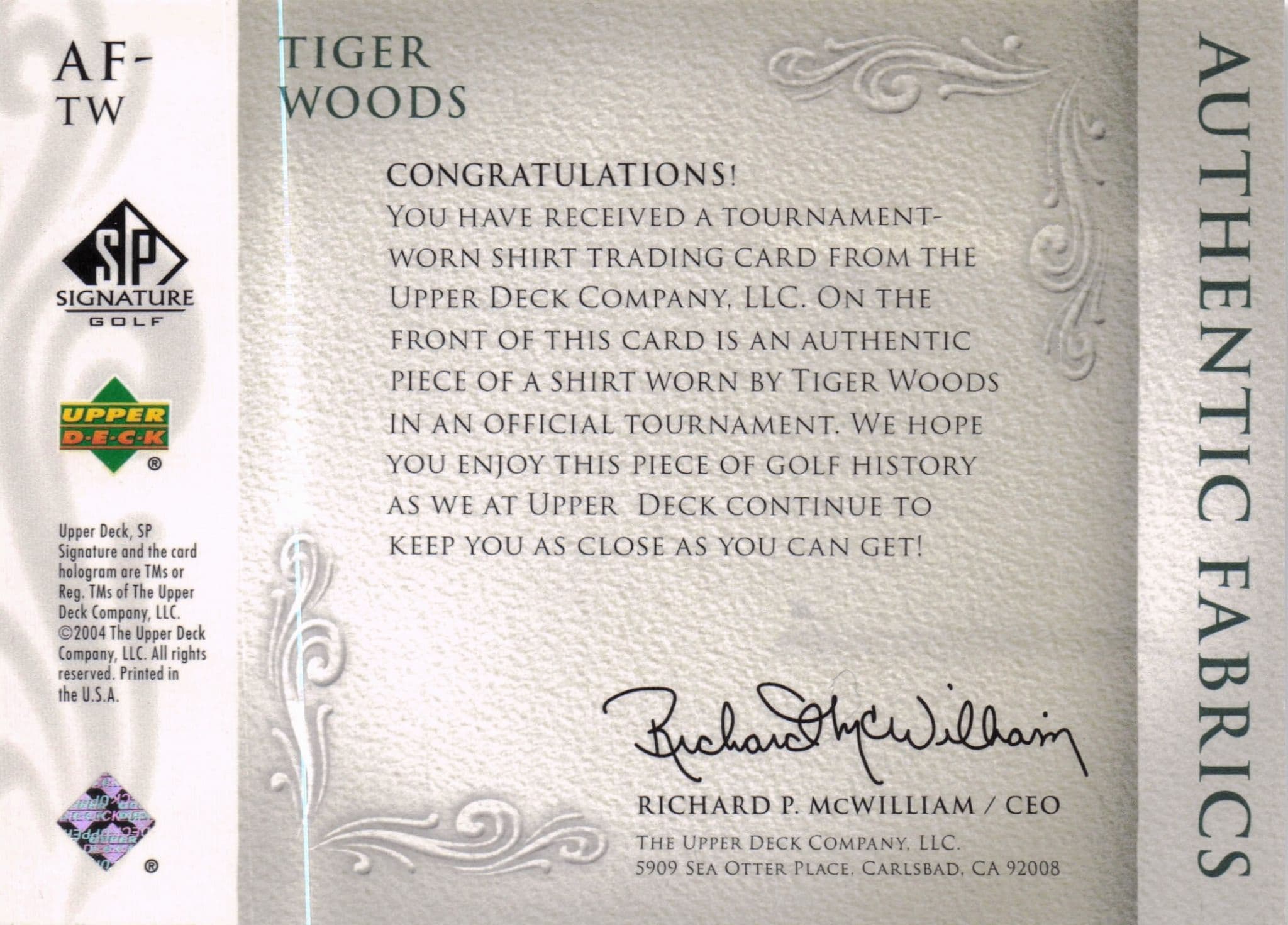 Tiger Woods Authentic Fabrics 2004 Upper Deck Real Golf Shirt Card