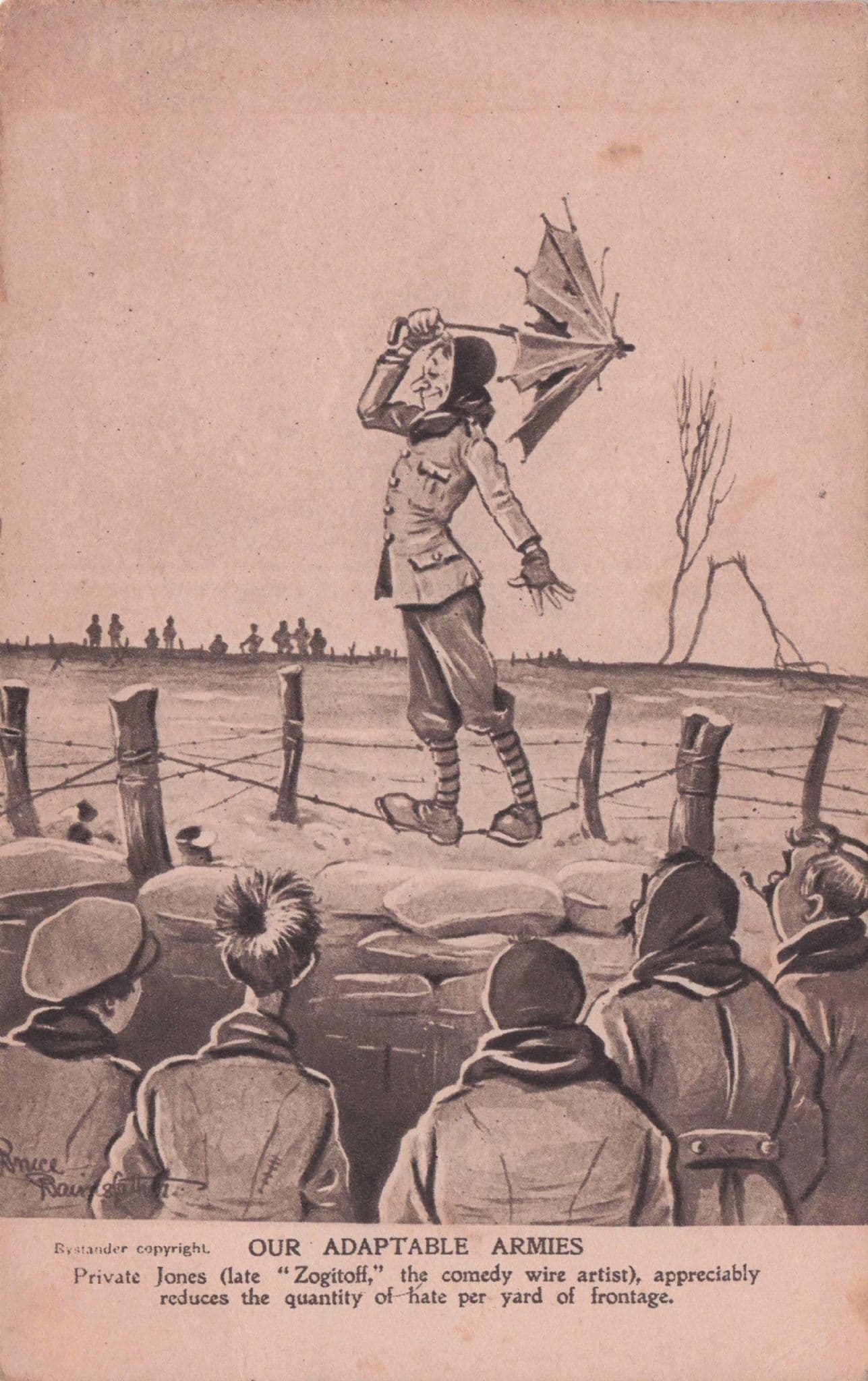 Tightrope Barbed Wire Walker Soldier Military WW1 Old Postcard