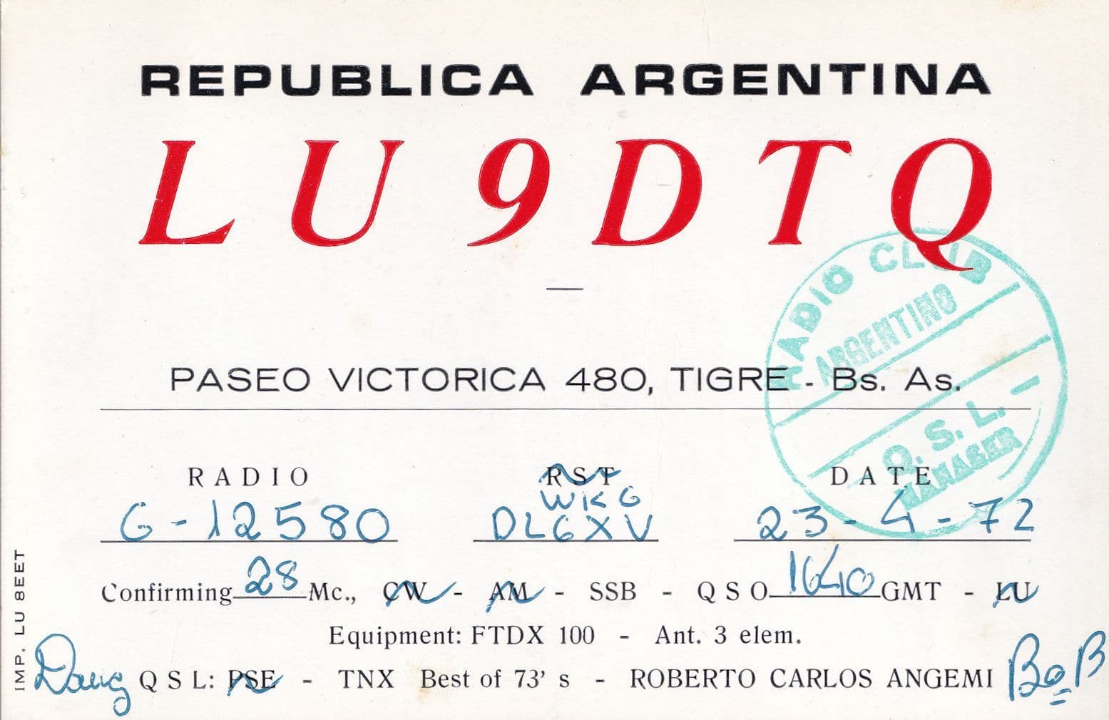Tigre Victorica Argentina 1972 Amateur Radio QSL Card