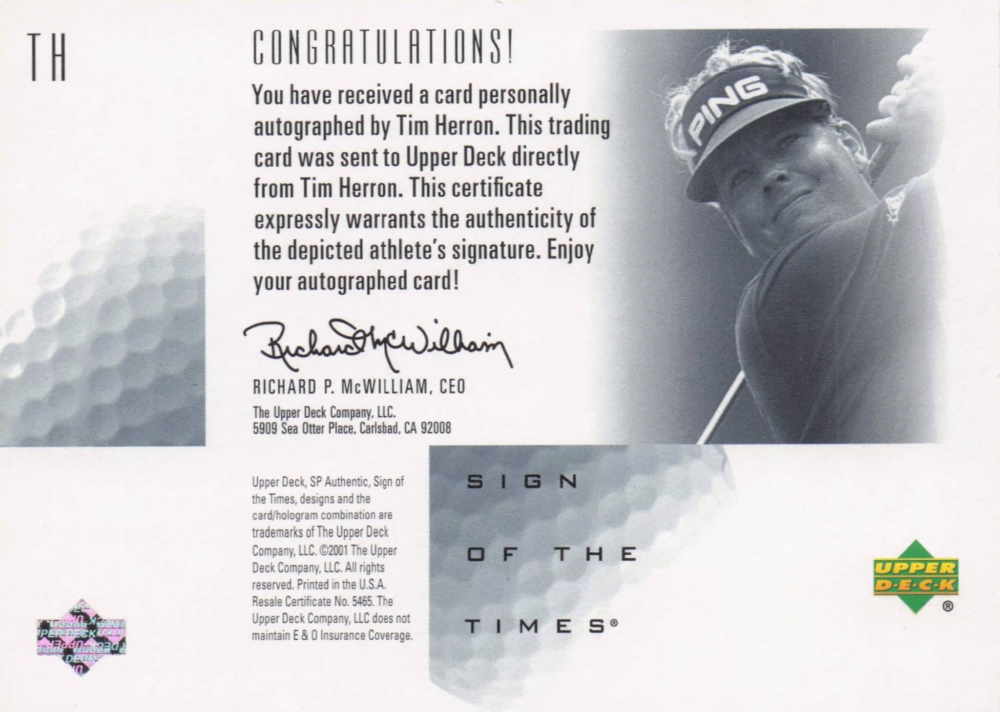 Tim Herron Sign Of The Times Hand Signed 2001 SP Golf Autograph Card
