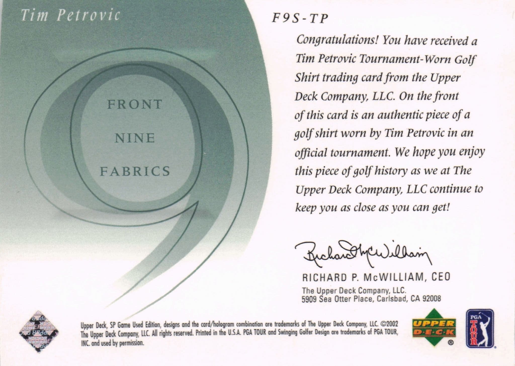 Tim Petrovic Front 9 Fabric 2002 Upper Deck Authentic Shirt Card