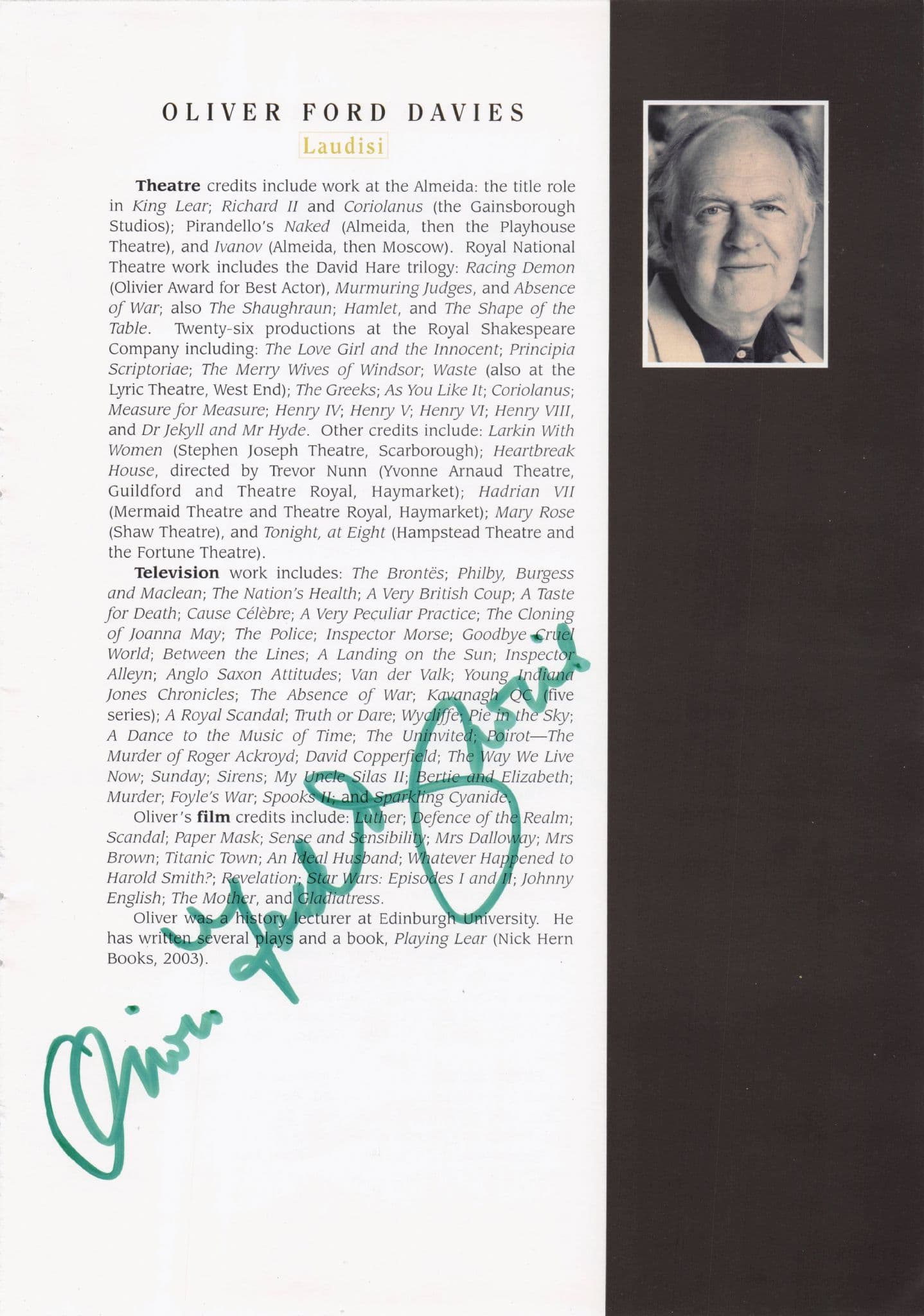 Timothy Bateson Brid Brennan Oliver Ford Davies Hand Signed Theatre Page