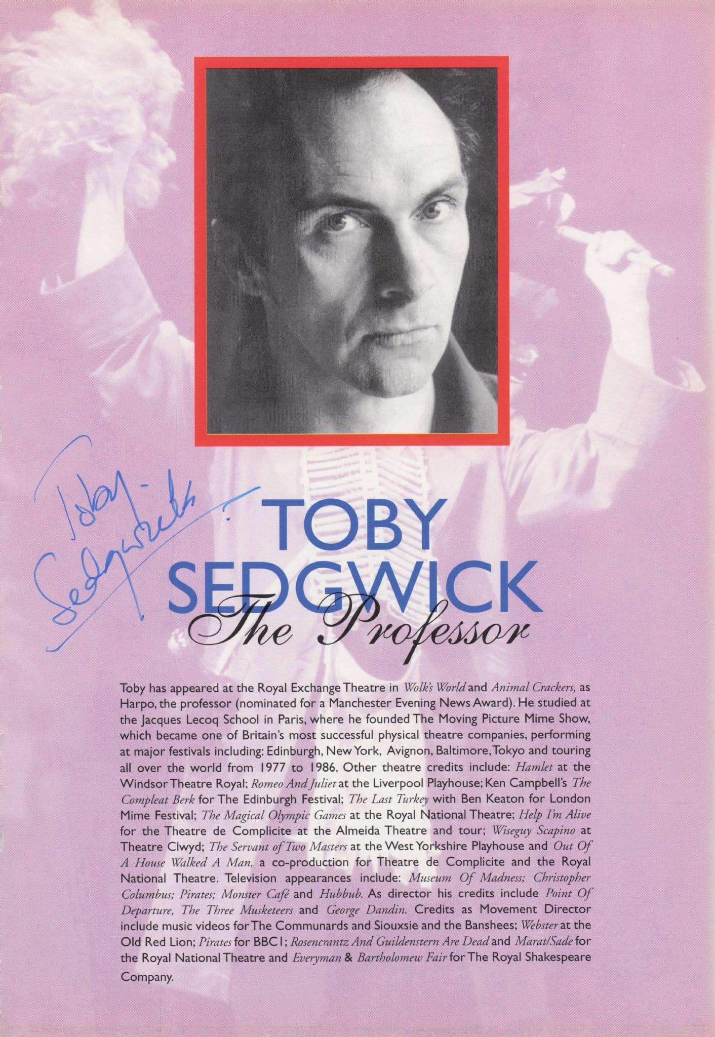 Toby Sedgewick War Horse 28 Days Later Hand Signed Theatre Page