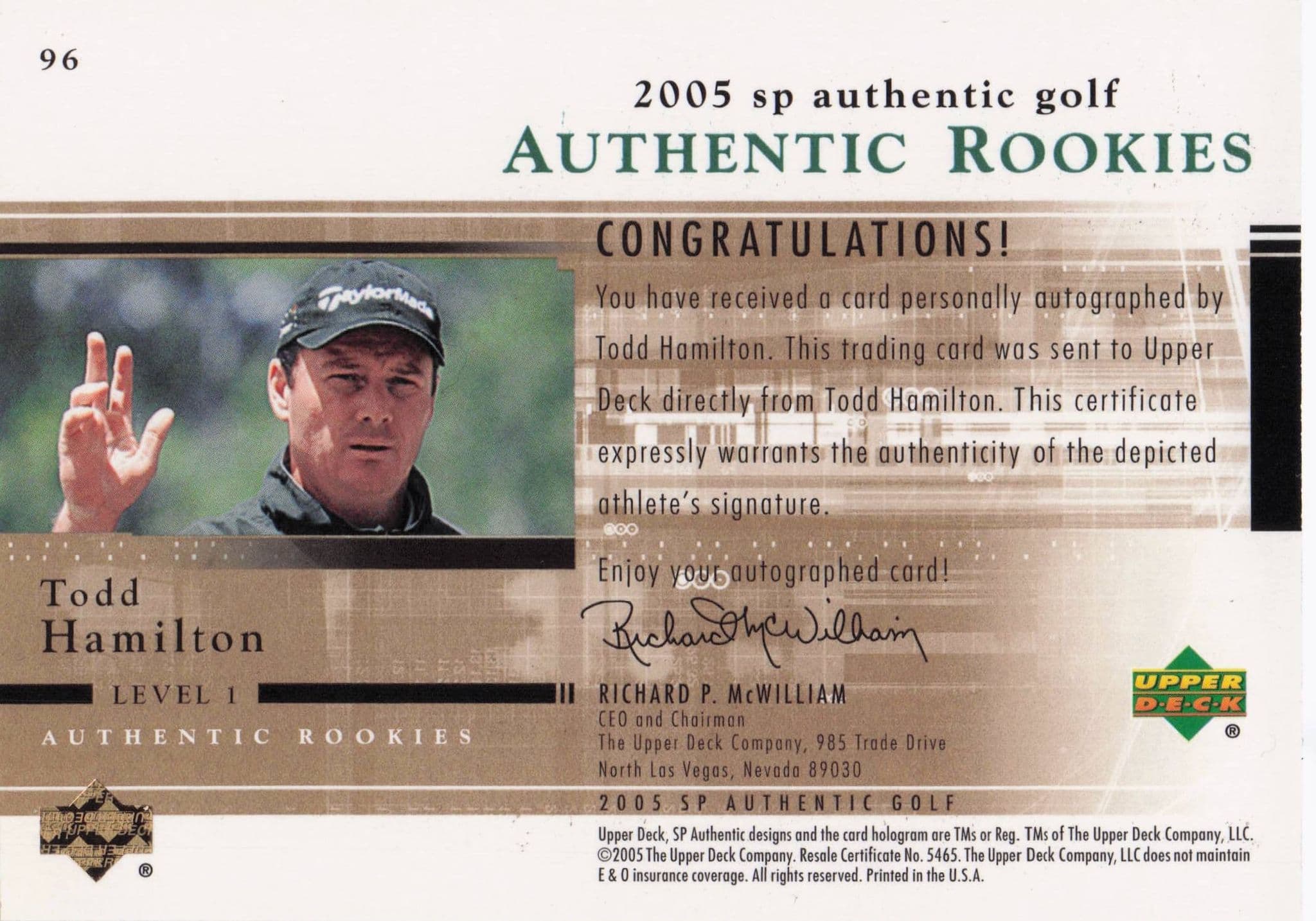Todd Hamilton Authentic Rookies 2005 Golf SP Hand Signed Autograph Card