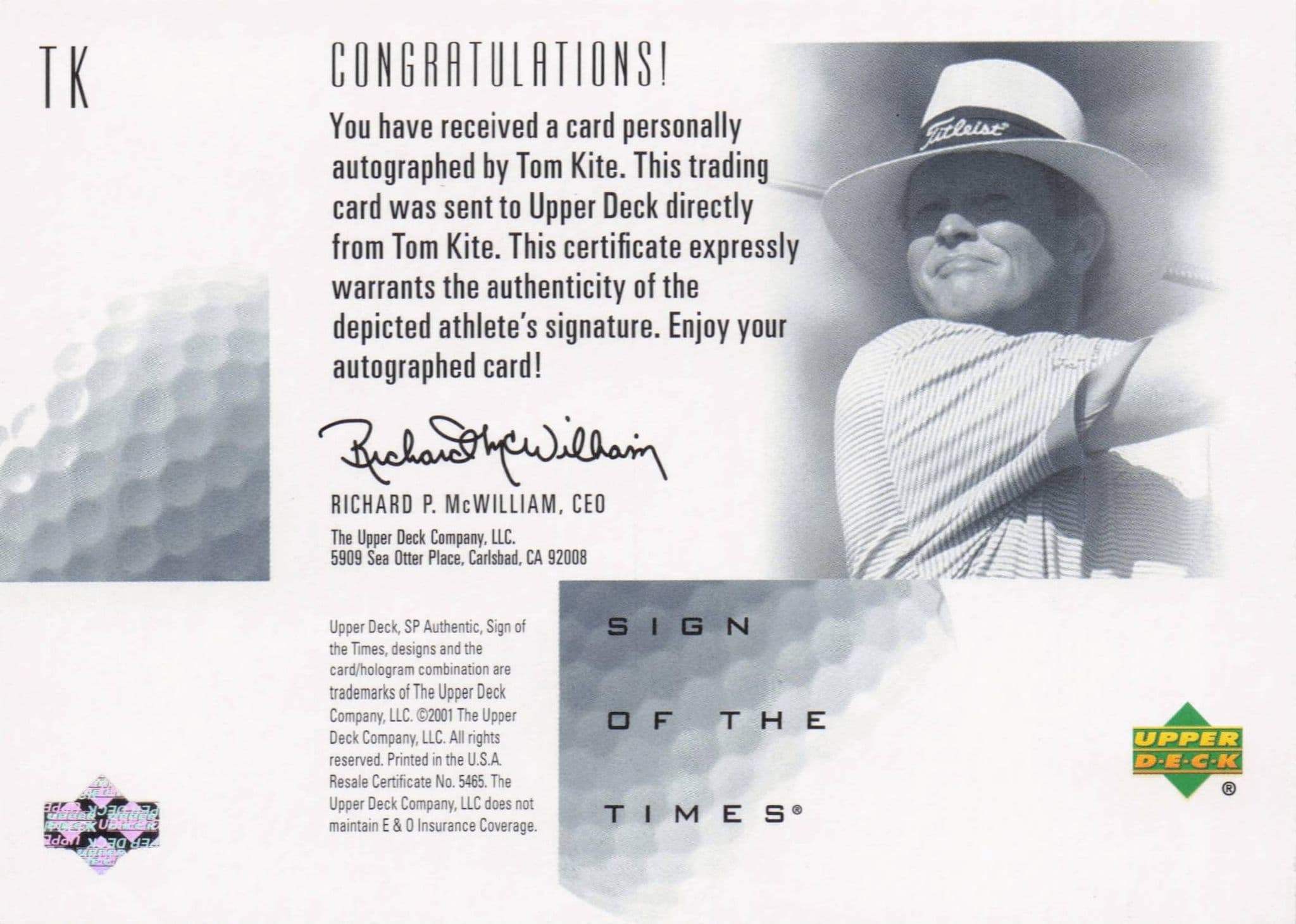 Tom Kite Sign Of The Times Hand Signed 2001 SP Golf Autograph Card