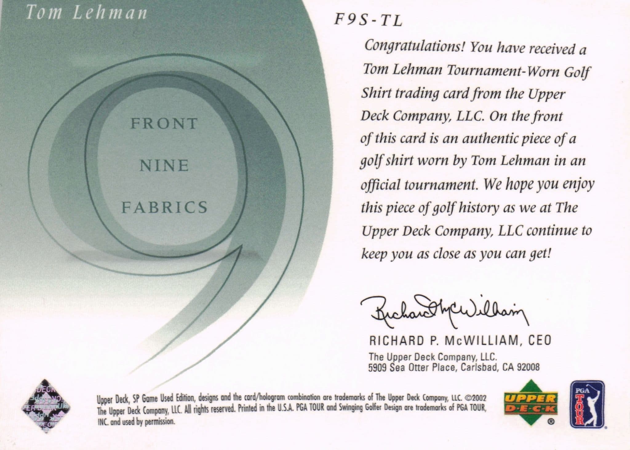 Tom Lehman Front 9 Fabric 2002 Upper Deck Authentic Shirt Card