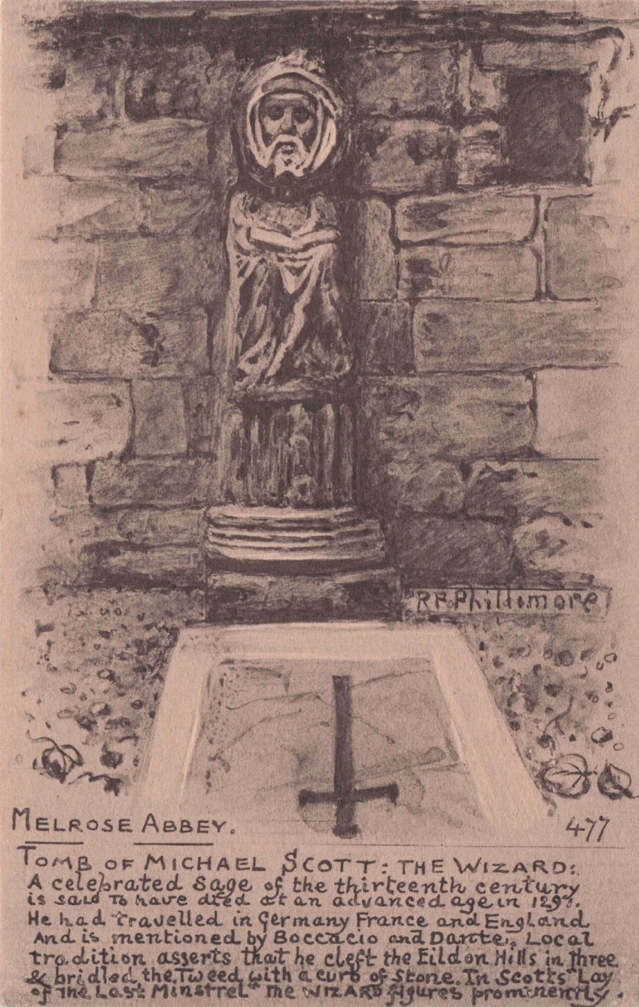Tomb Of Michael Scott Scottish Wizard Melrose Abbey Phillimore Mythology Postcard