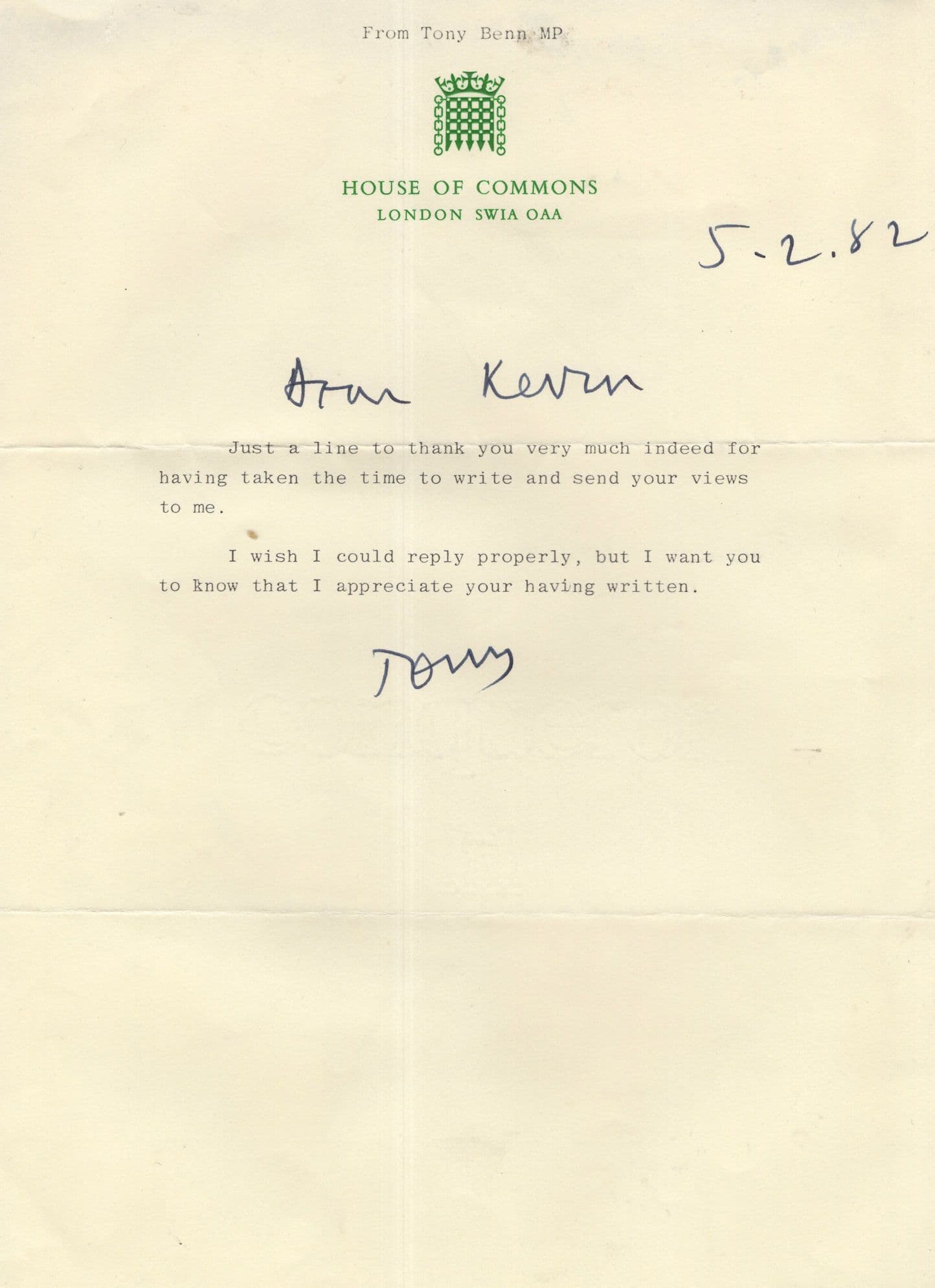 Tony Benn Labour MP House Of Commons Hand Signed Autograph Letter