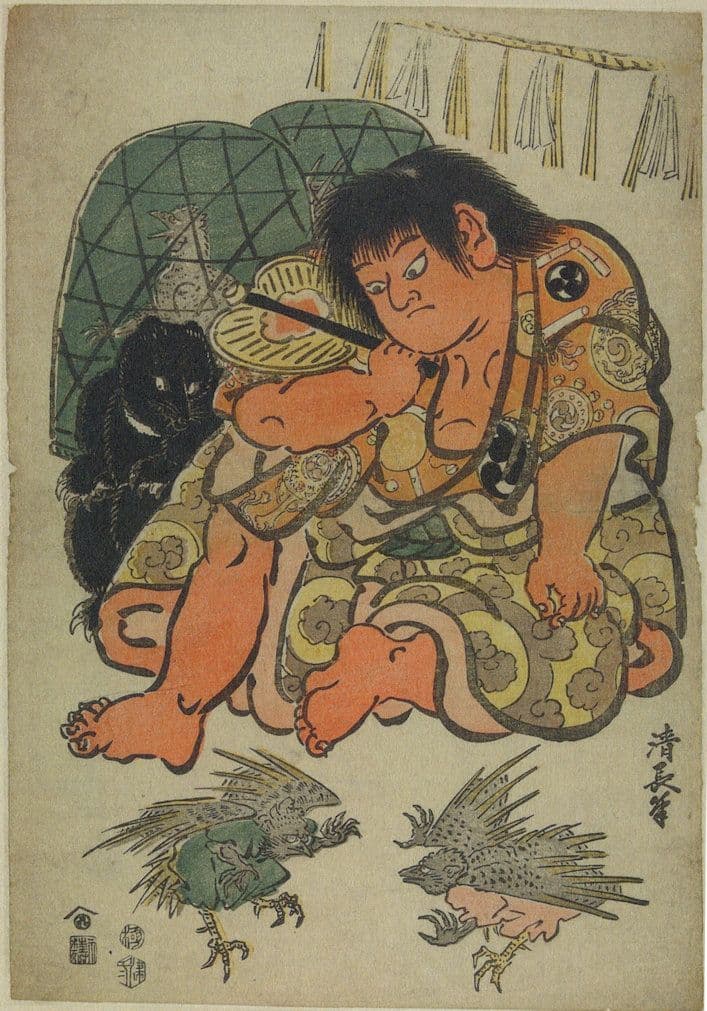 Tori Kiyonaga Kintaro Fighting Cocks Tengu Japanese Art Postcard