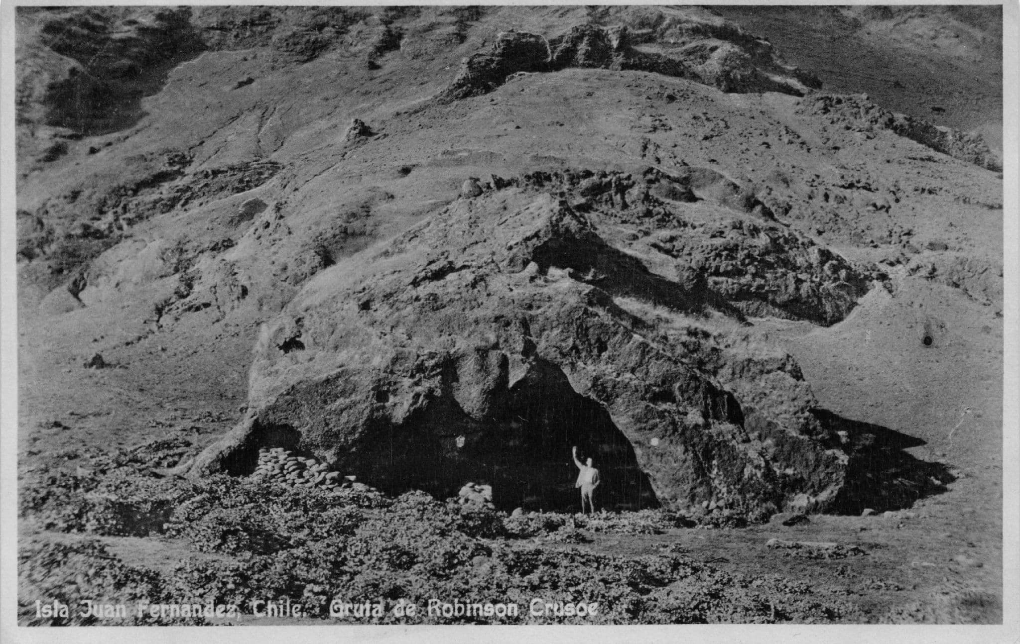 Tourist at Entrance of Gruta Robinson Crusoe Island Chile Old RPC Postcard