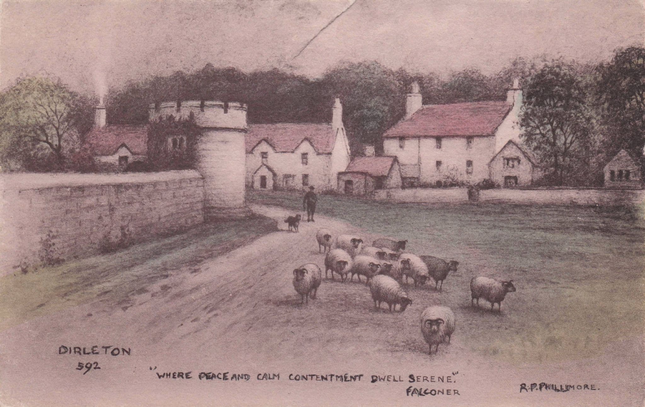 Tower in Village Green Dirleton Cattle North Berwick Phillimore Postcard
