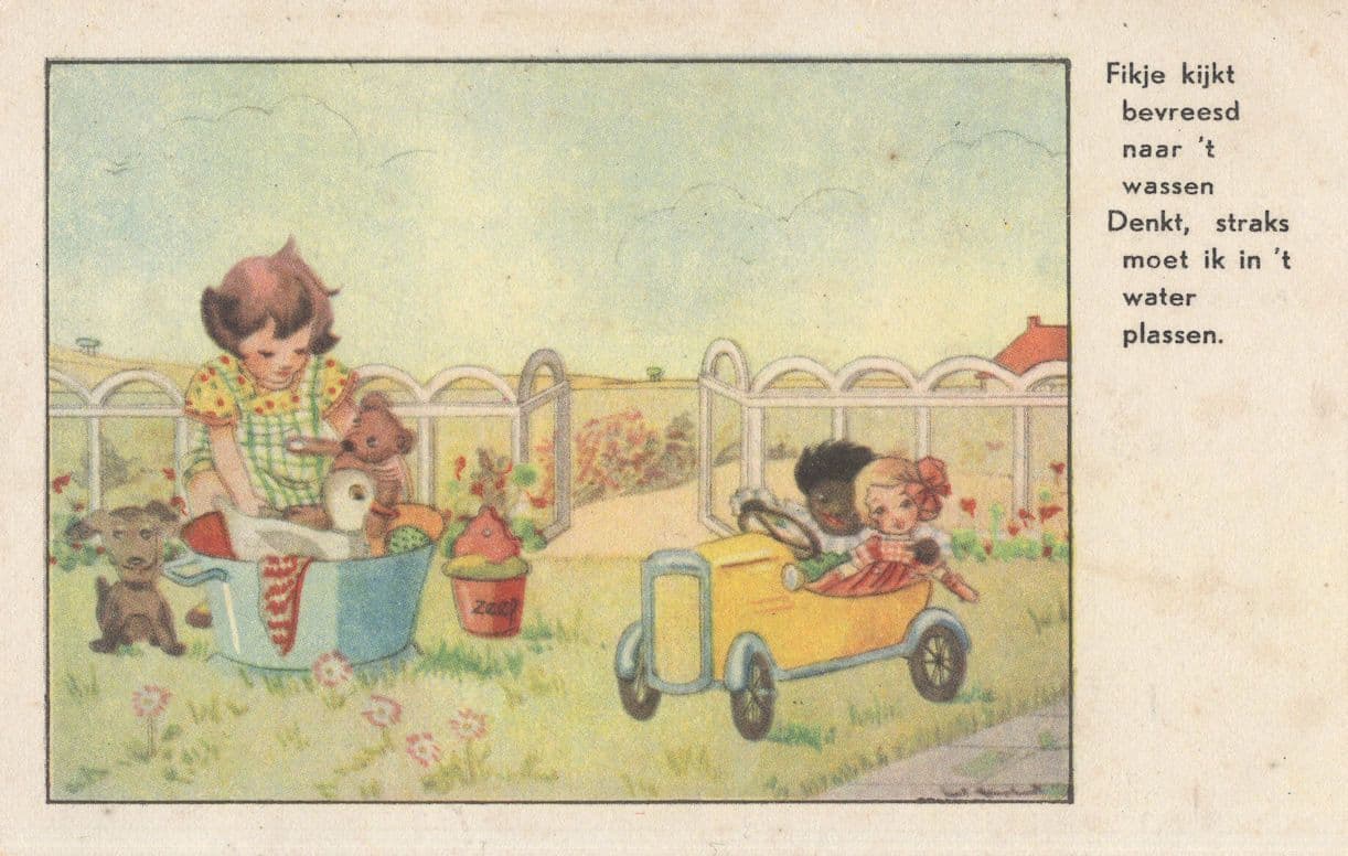 Toy Black Doll Sports Car To Girl Washing Teddy Bear Old Postcard