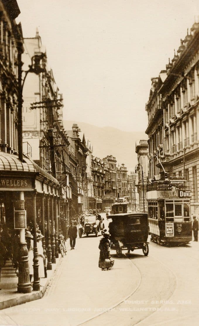 Tram at Lambton Quay Wellington Jewellers New Zealand RPC Postcard