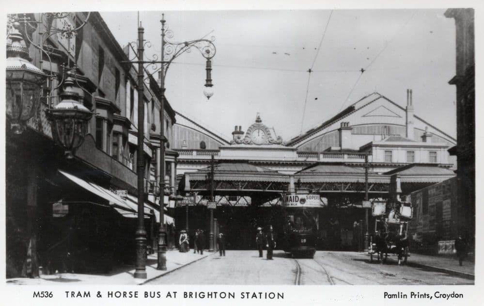 Tram & Horse Bus At Brighton Train Station Postcard