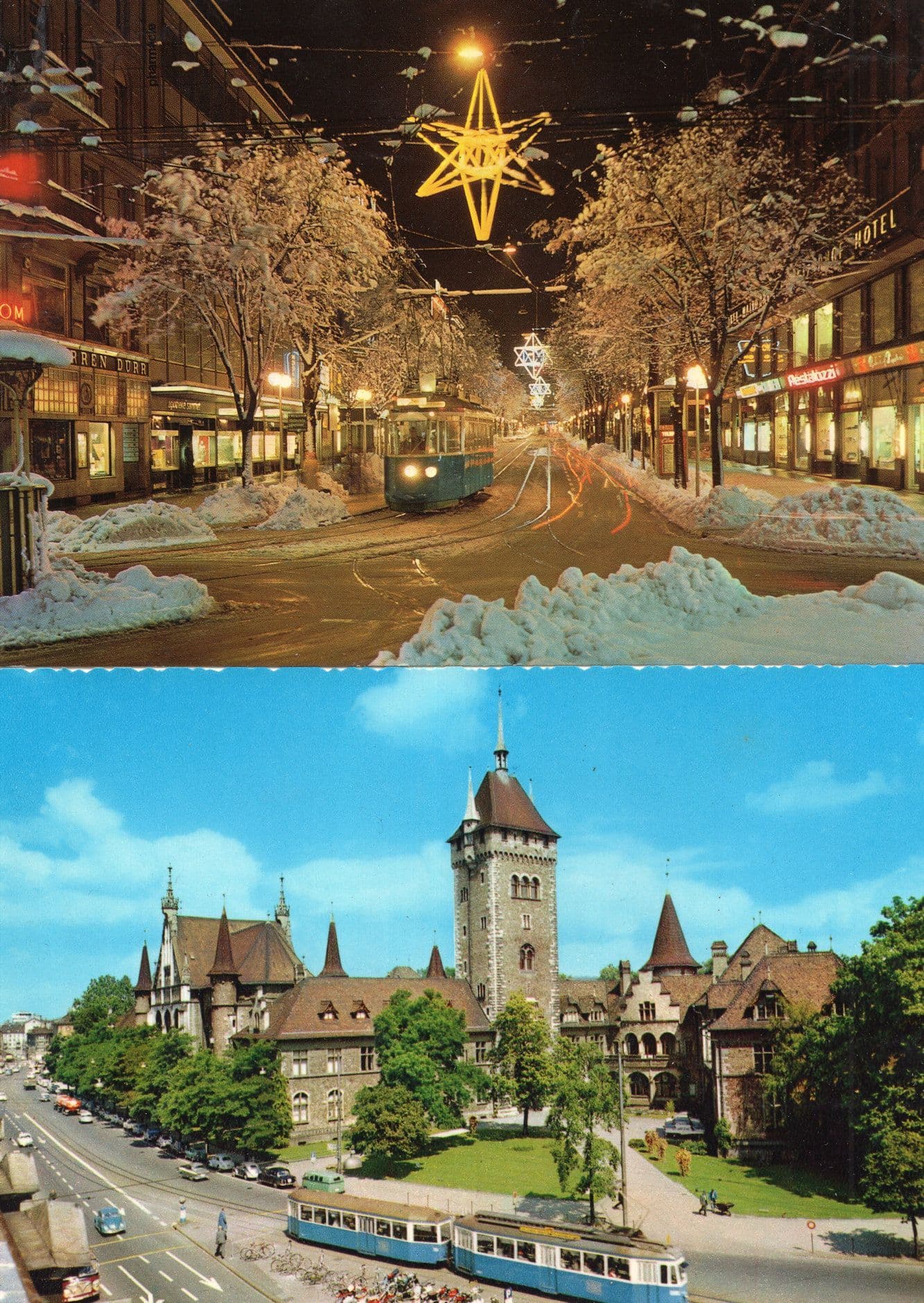 Tram Under Christmas Star Lanbesmuseum Zurich Bahnhofstrasse Swiss 2x Postcard