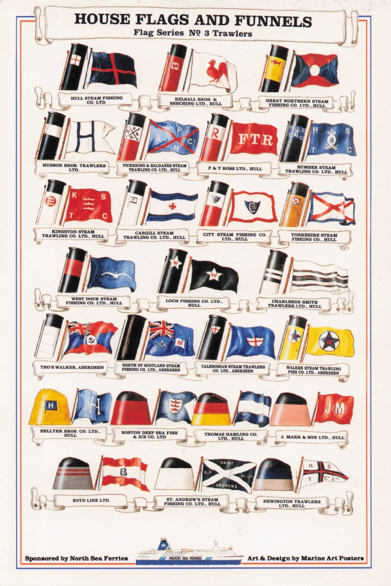 Trawlers 3 Nautical Ship Flags Marine Art North Sea Ferry Postcard