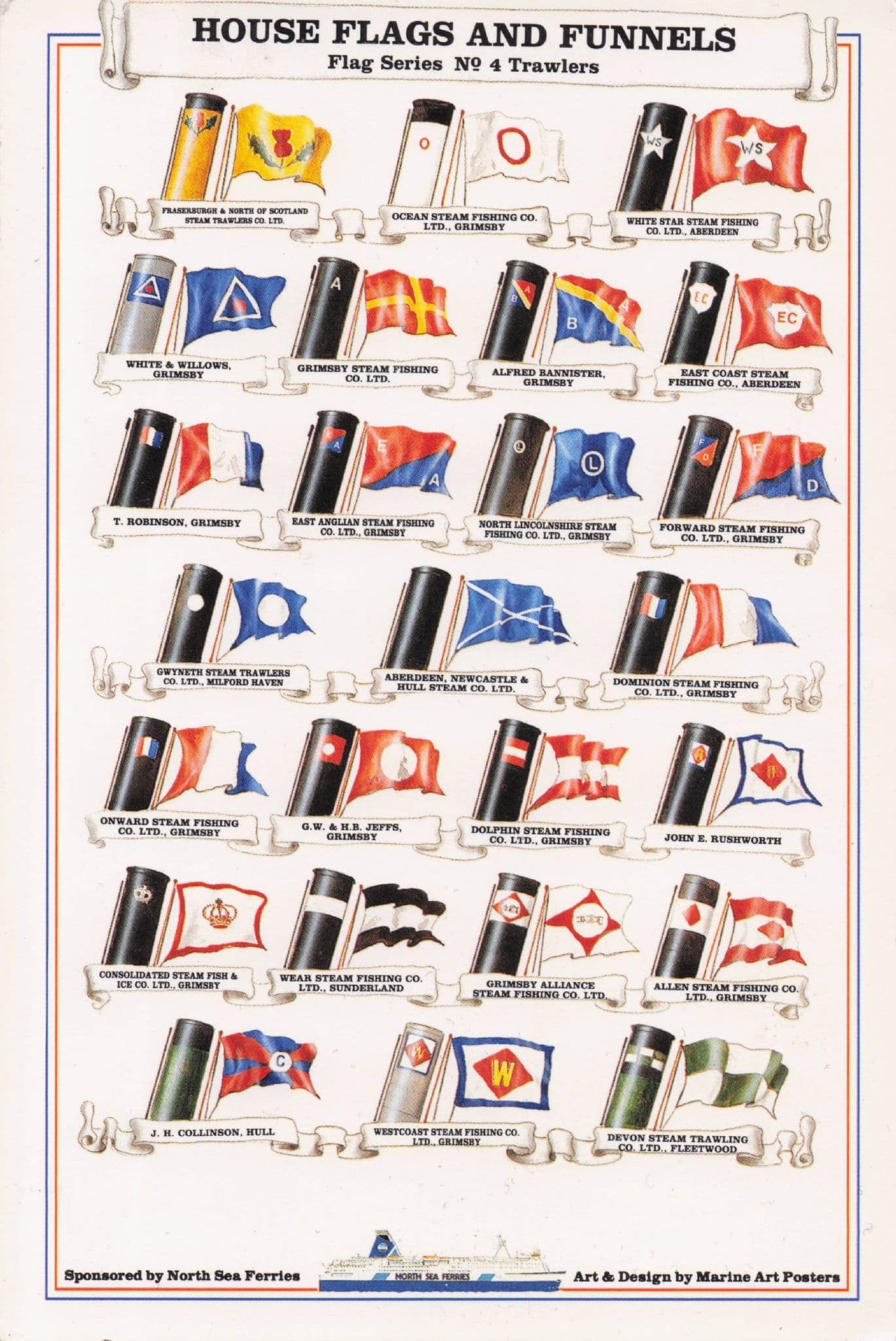 Trawlers 4 Nautical Ship Flags Marine Art North Sea Ferry Postcard