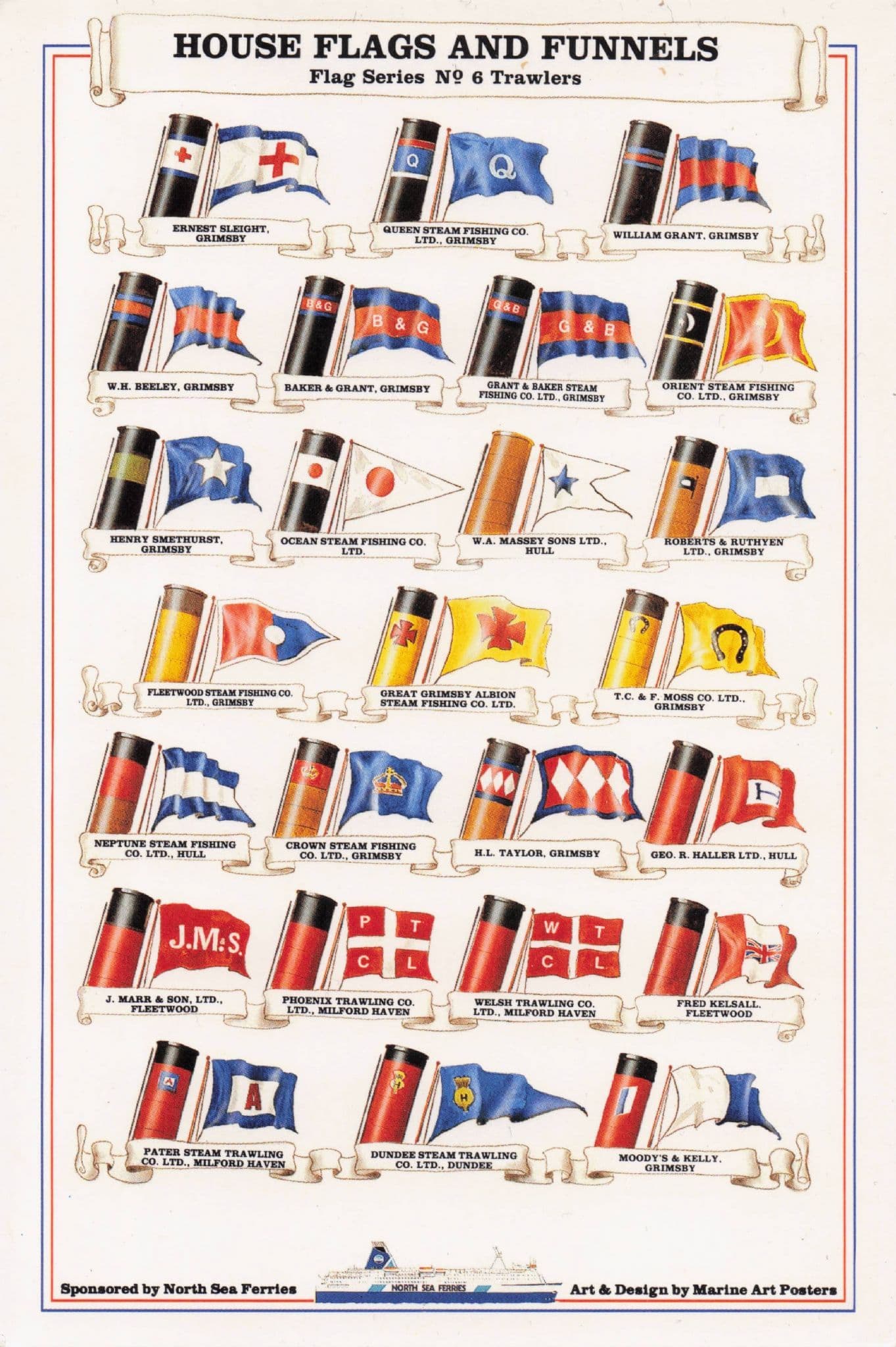 Trawlers 6 Nautical Ship Flags Marine Art North Sea Ferry Postcard