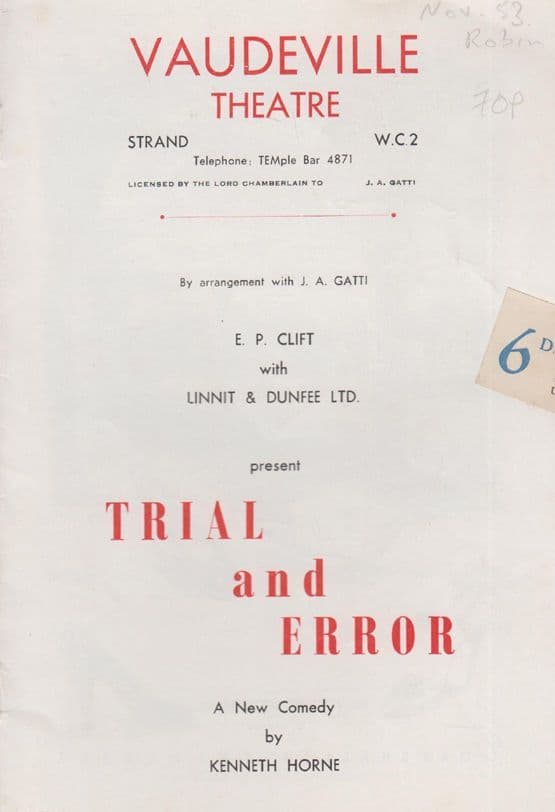 Trial & Error Vaudeville Comedy Derek Farr The Dambusters Theatre Programme