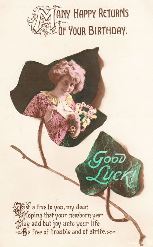 Trouble & Strife Wife Good Luck Leaf Charm Flowers Antique Greetings Postcard