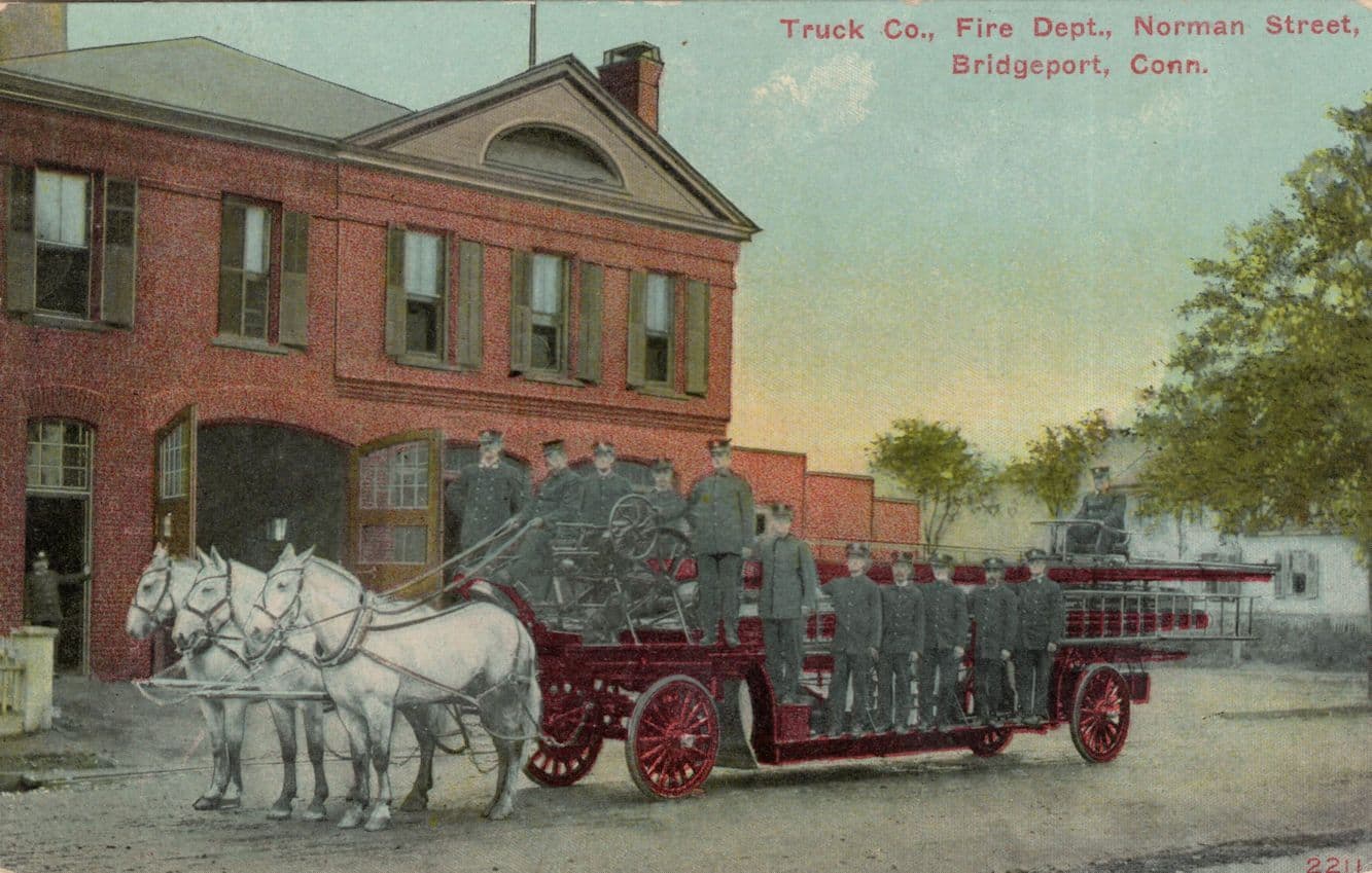 Truck Company Fire Horse Engine Depot Bridgeport USA Old Postcard