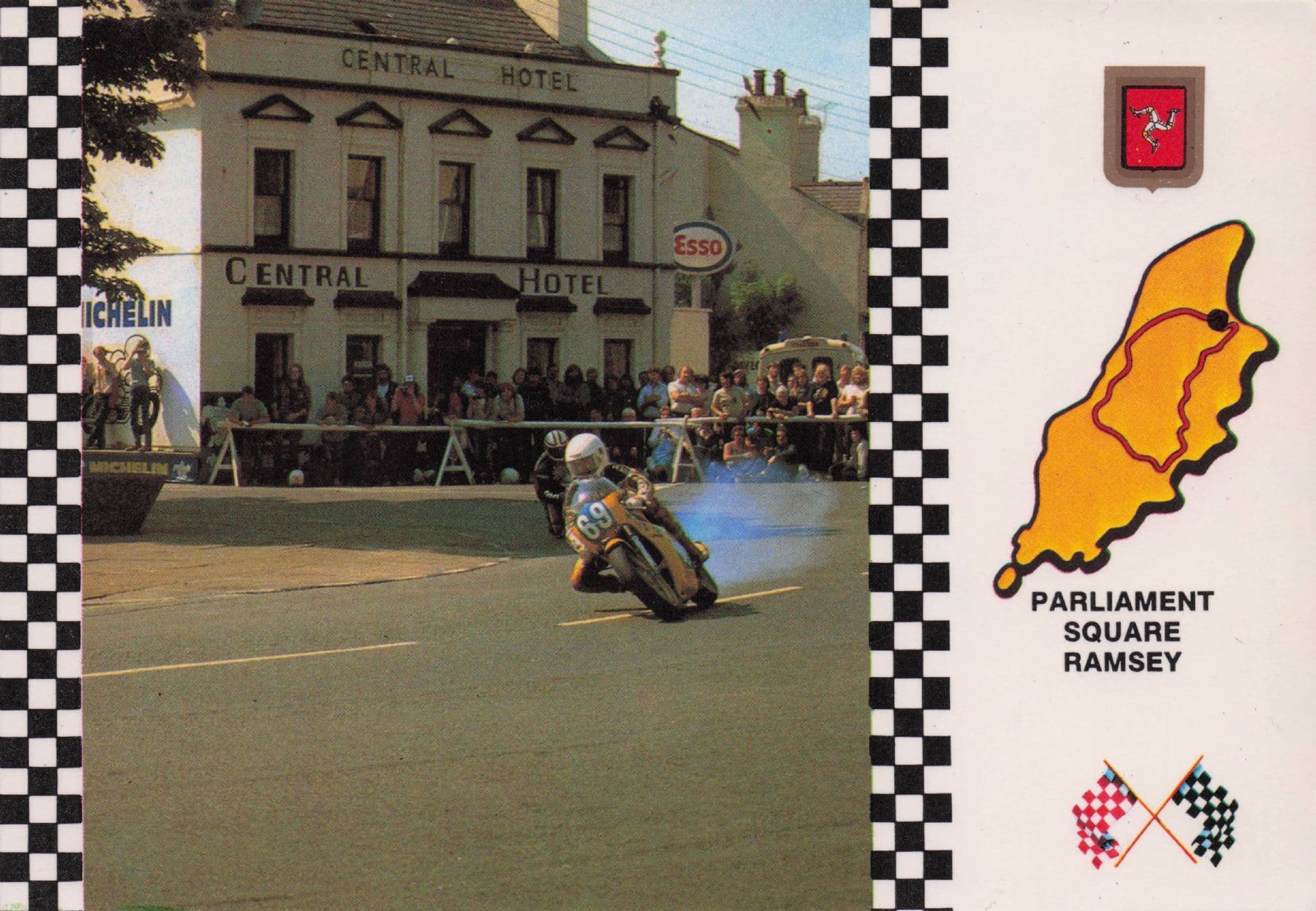 TT Racing At Ramsey Esso Garage Sign Map Isle Of Man Motorcycle Vintage Postcard