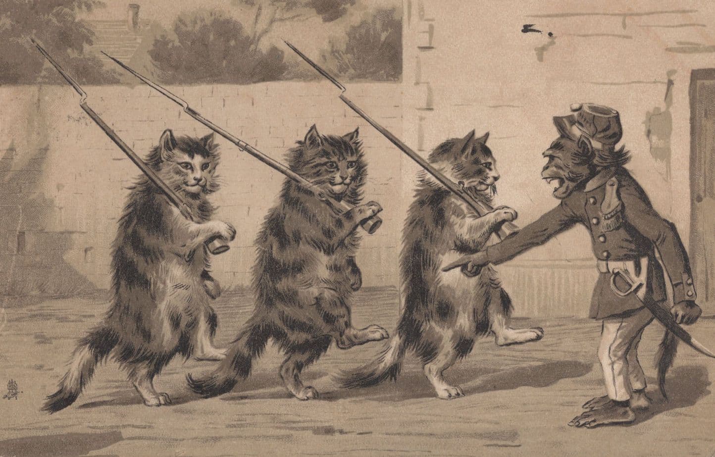 Tucks Military Rifle Guns Cats Marching Army Antique Postcard
