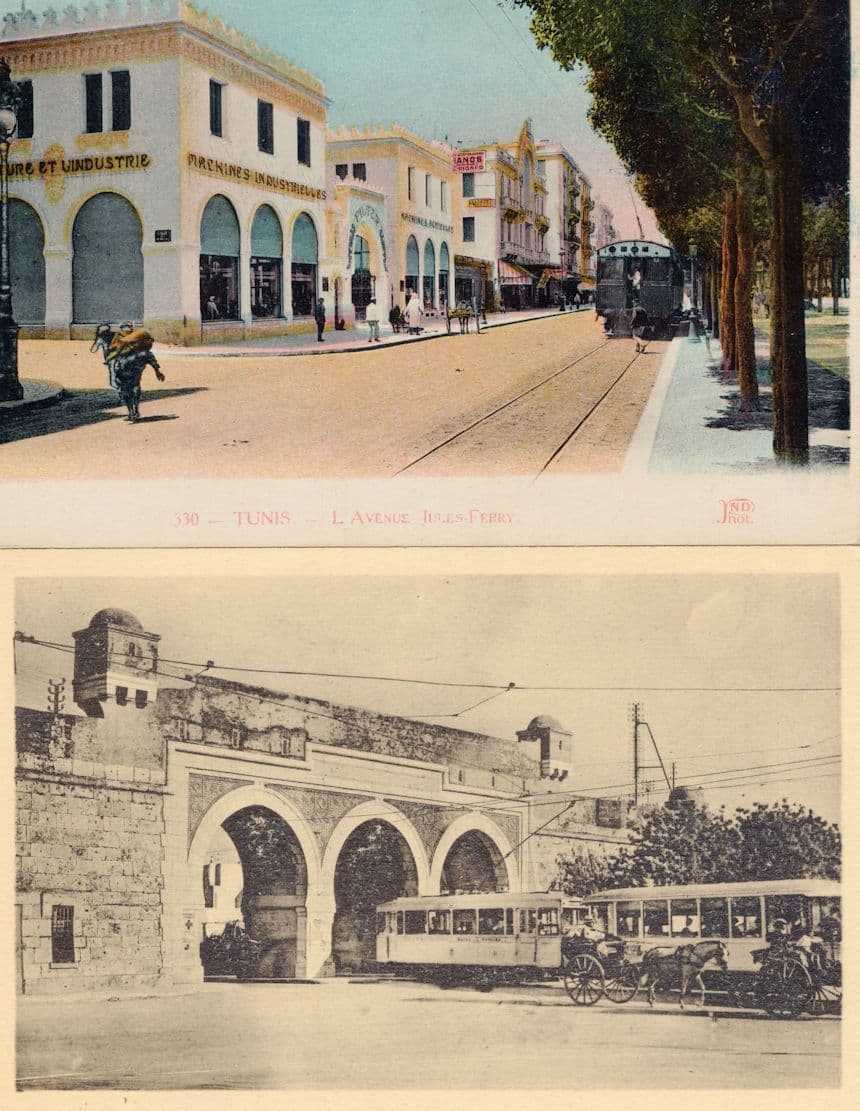 Tunis Jules Ferry L'Avenue Bab Saadoun 2x Old African Tram Postcard s