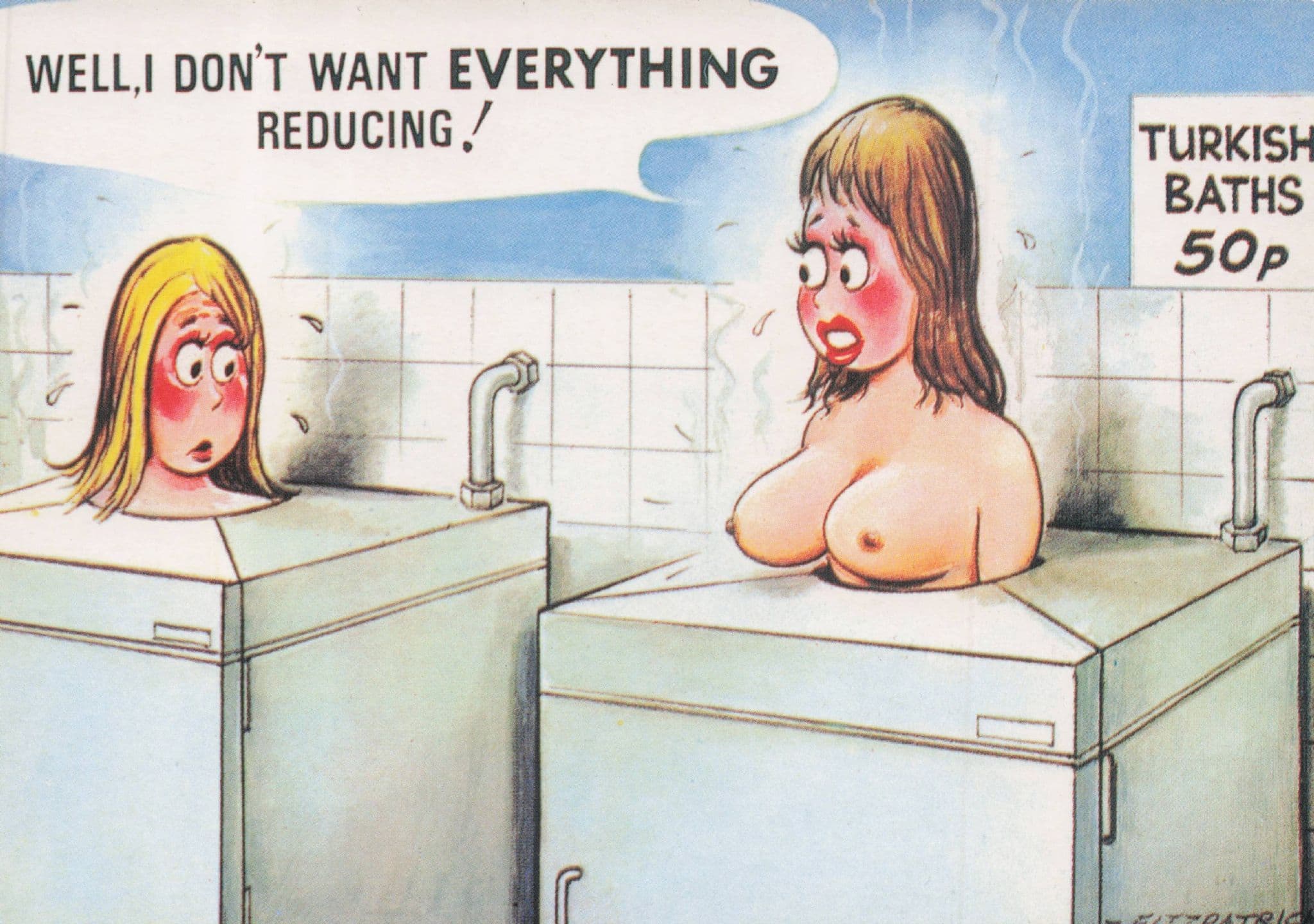 Turkish Baths Naked Lady Sauna Boobs In Heat Bamforth Comic Postcard