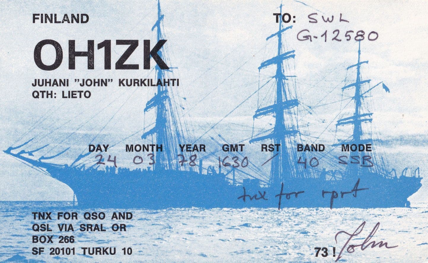 Turku Finland 1970s Pirate Radio Sailing Ship Style QSL Card