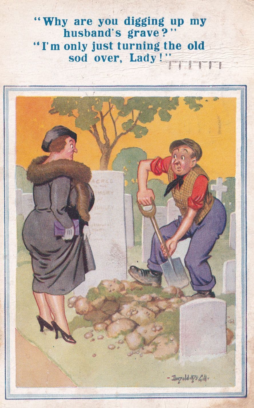 Turning Old Sod Over in Grave Graveyard Cemetary WW2 Comic Postcard
