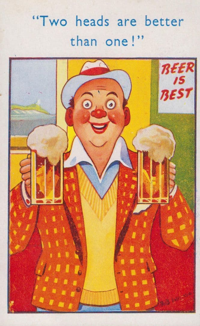 Two Heads Are Better Than One Pint Glass Head Comic Alcohol Drinking Postcard