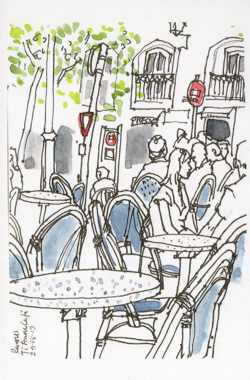 TY Anna Tavern Summer Rennes French Sketch Painting Postcard