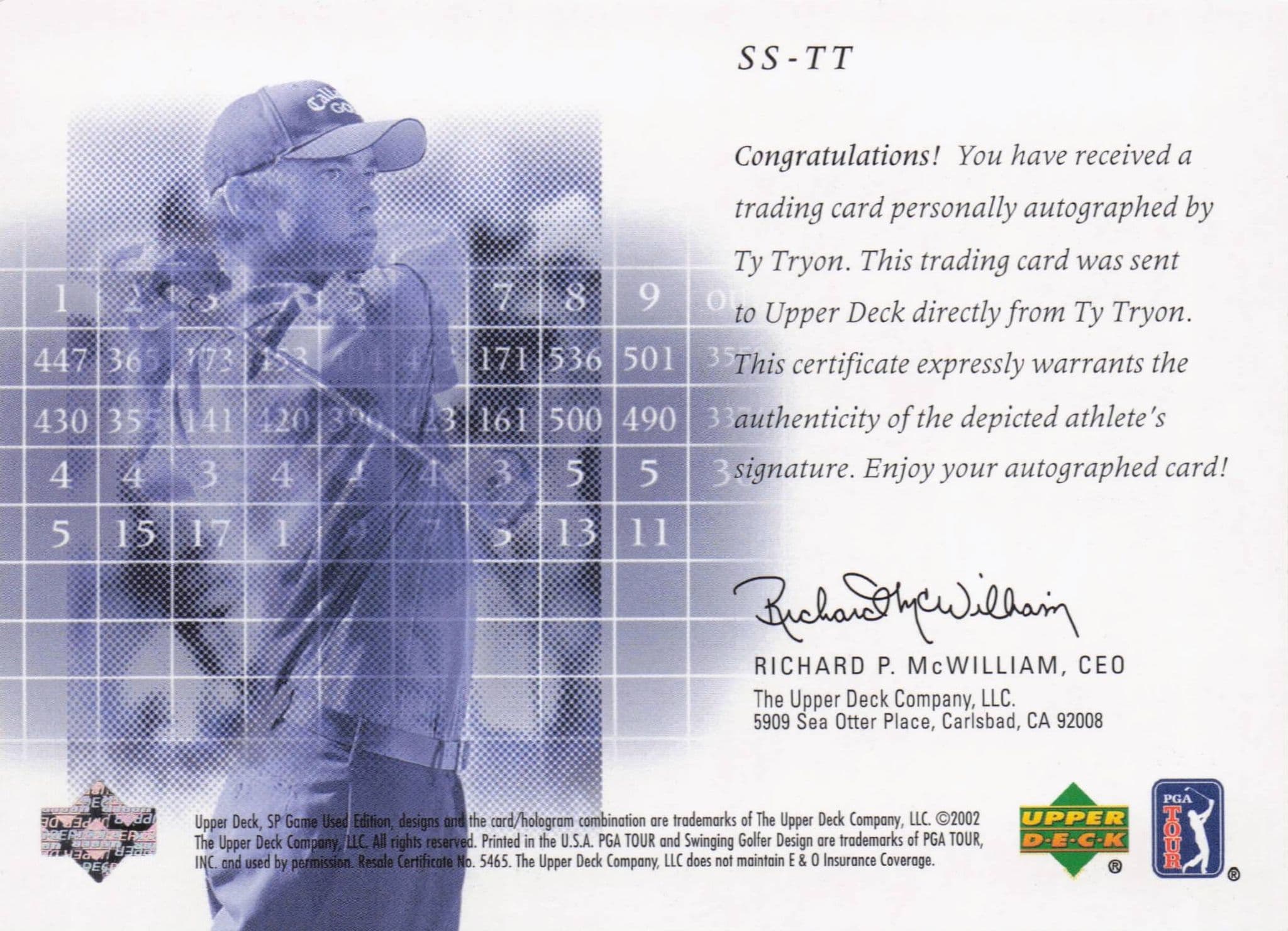 Ty Tryon Scorecard Signatures Hand Signed 2002 SP Golf Autograph Card