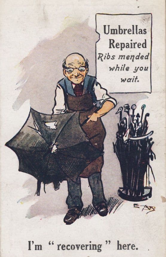 Umbrella Repair Shop Antique Comic Hole Repairs Humour Old Umbrellas Postcard
