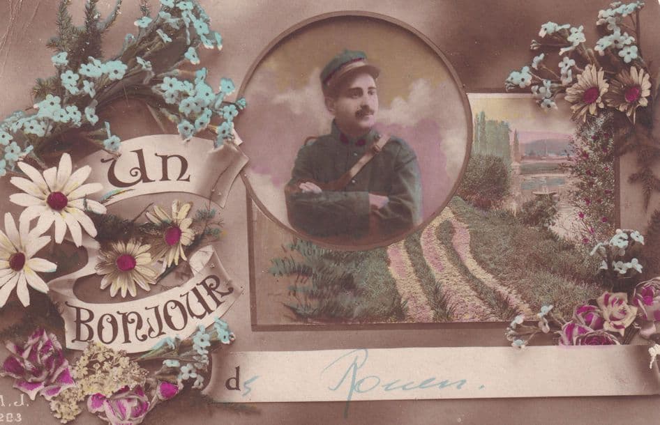 Un Bonjour French Military Soldier WW1 War Rare Postcard