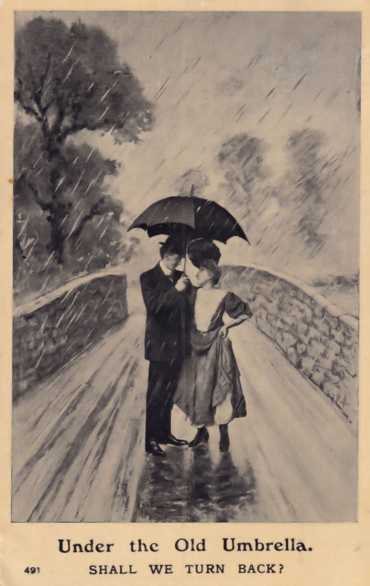 Under The Old Umbrella Romance Disaster Weather Antique Postcard