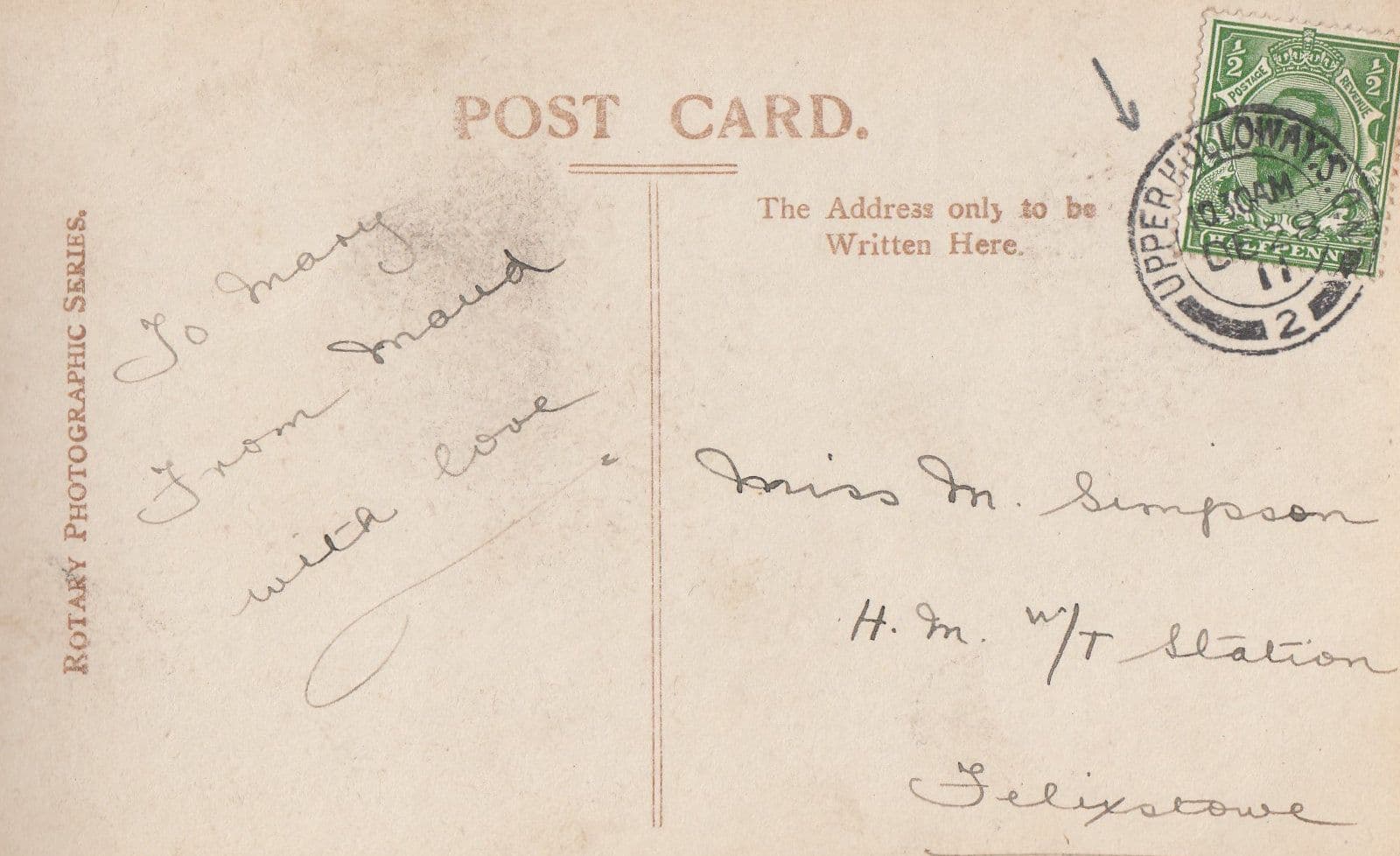 Upper Holloways Islington 1911 Antique Satin Happy New Year Greetings Postcard